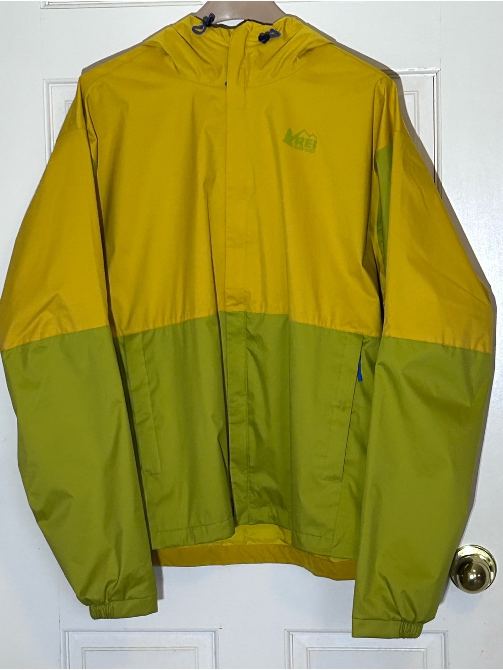 REI Two-Tone Yellow and Olive Green Hooded Rain Jacket